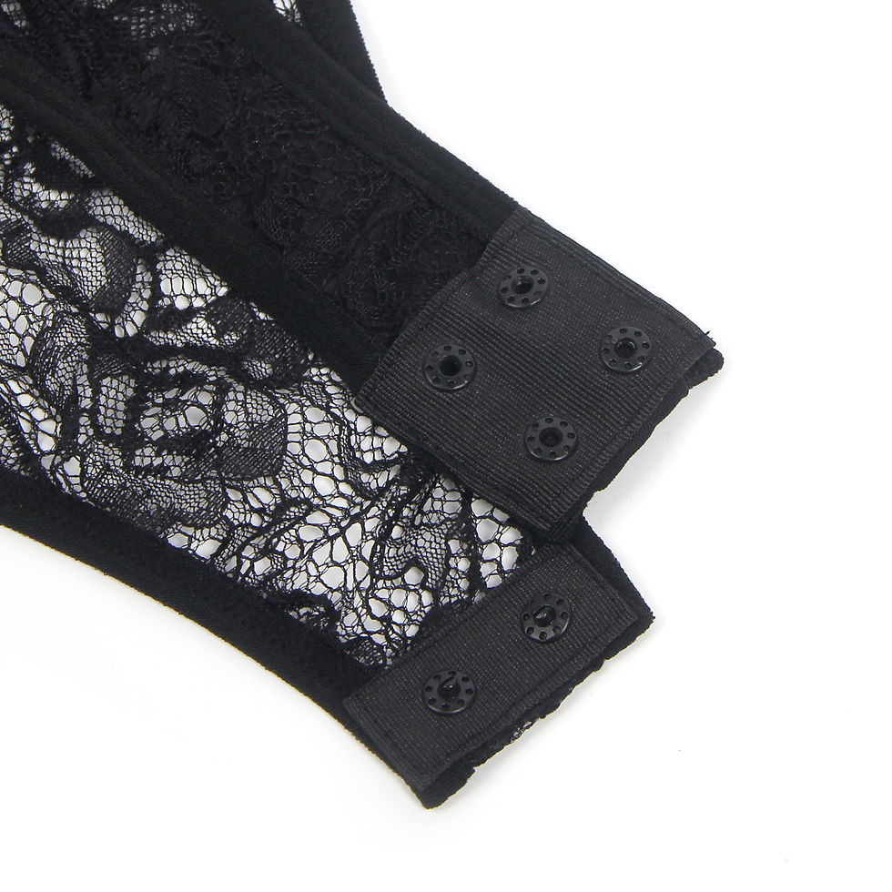 Thumbnail: Close-up of black lace bodysuit press stud gusset closure