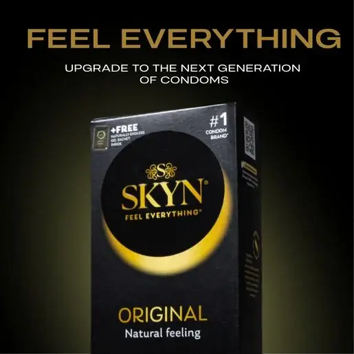 SKYN Original condom wrapper beneath the words Feel Everything.