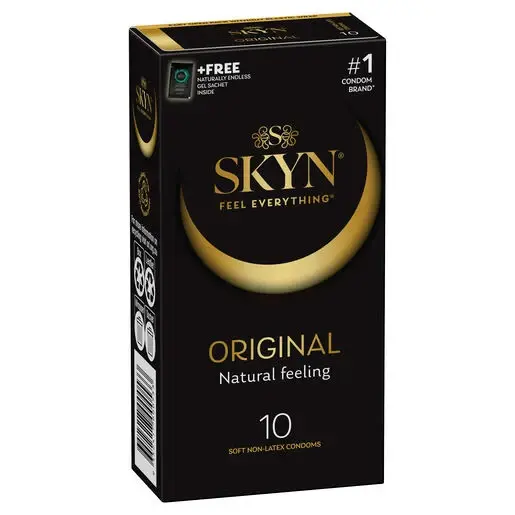 SKYN Original non-latex condoms 10 pack in black and gold packaging.