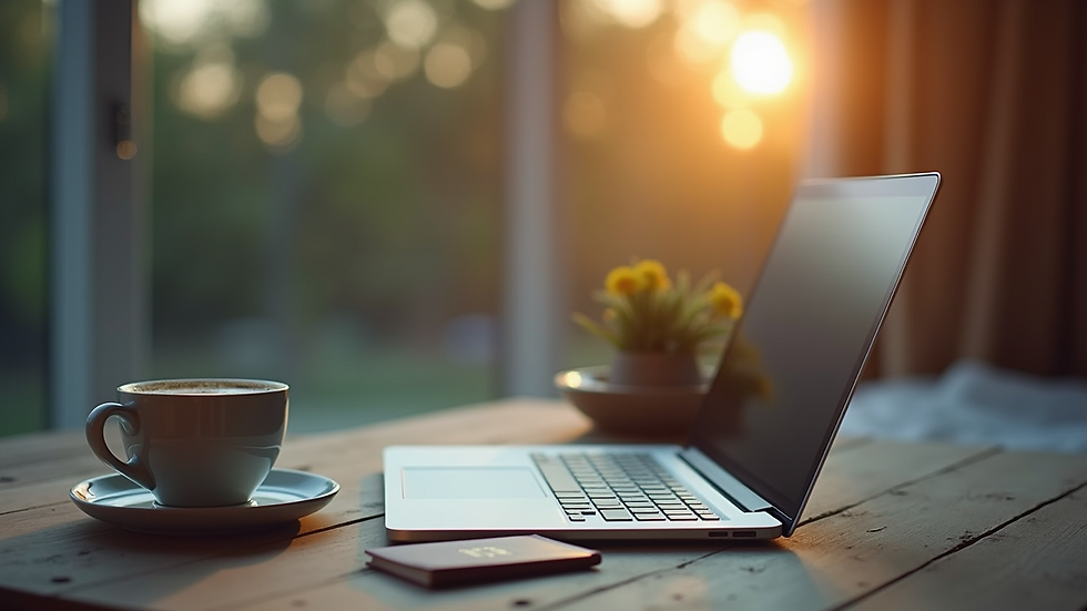 Wide angle view of a cozy travel setup with a laptop, passport, and coffee cup