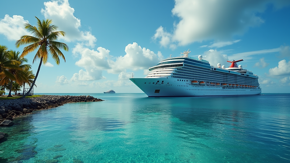 Eye-level view of a luxury cruise ship docked at a tropical port