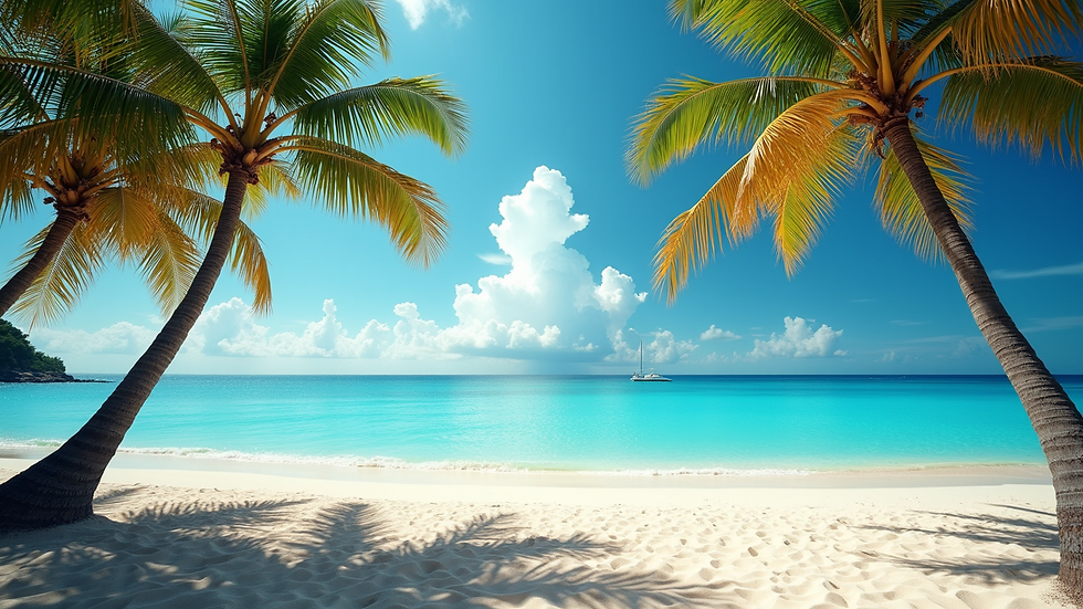 Eye-level view of a tropical beach resort with palm trees and clear blue water