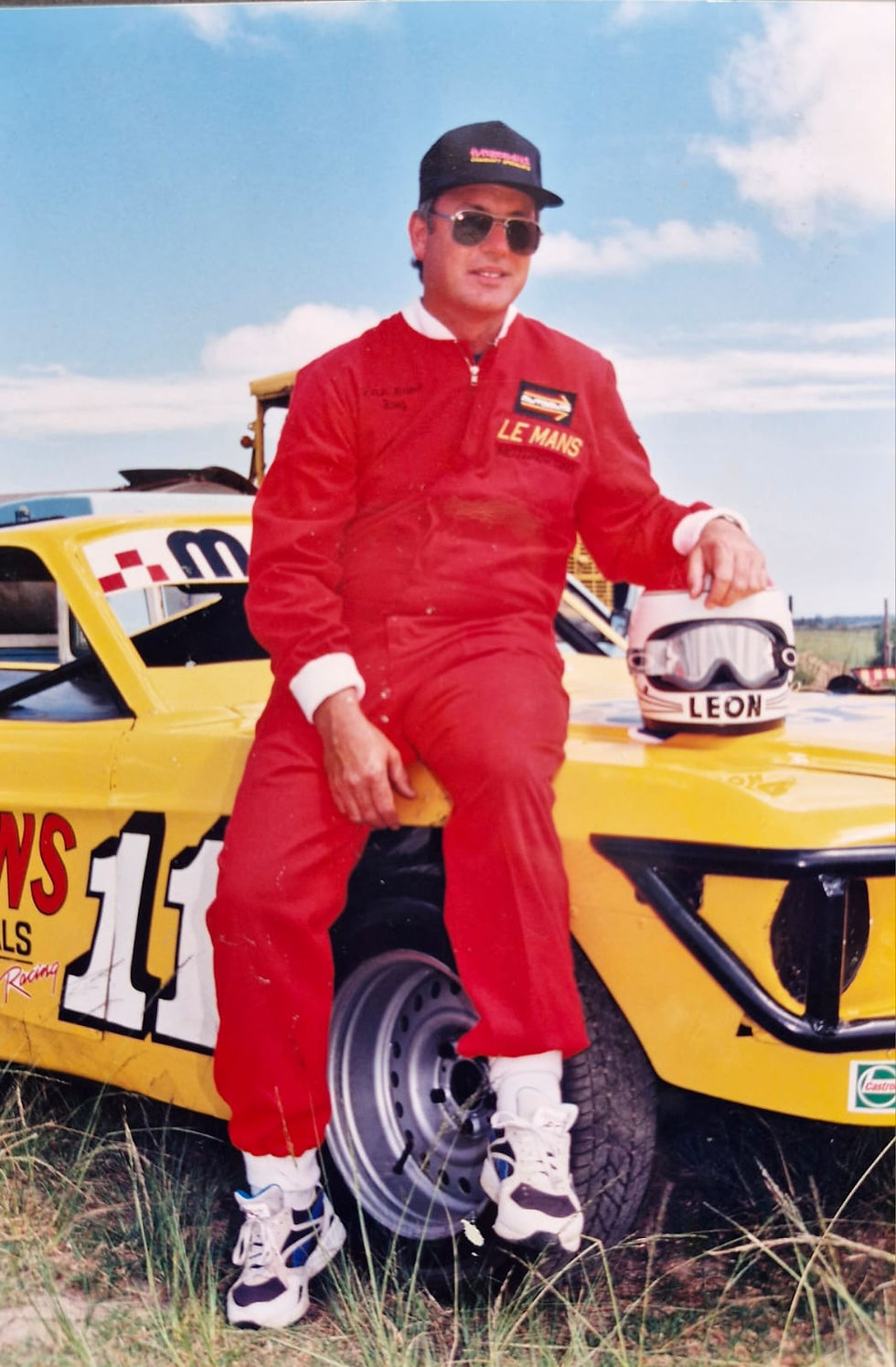 A car racer promoting Le Mans Chemicals in Cape Town