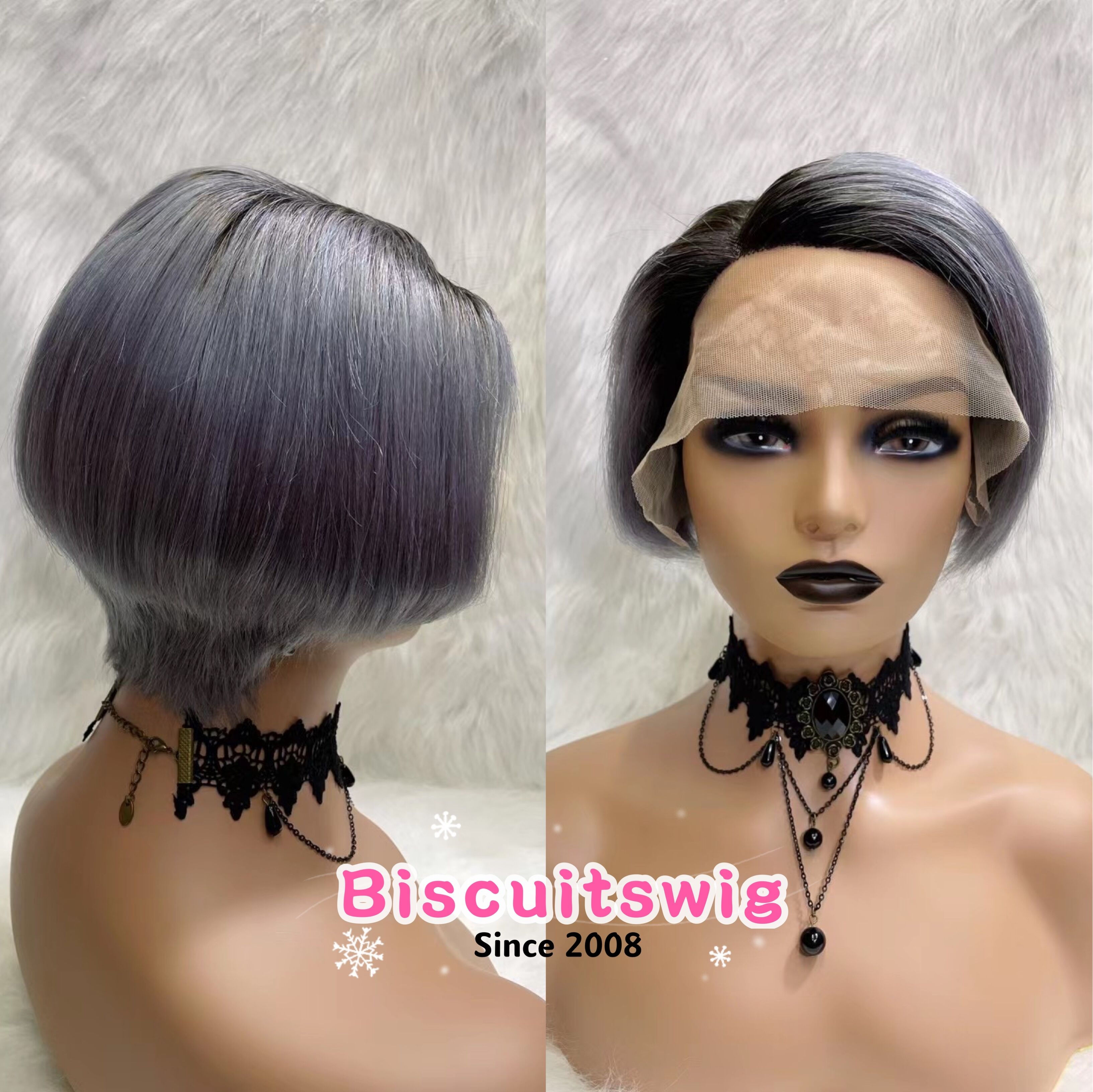 BISCUITS Short Lace Front Black Gray Ombre wig Human Hair Wigs150% Density Brazi