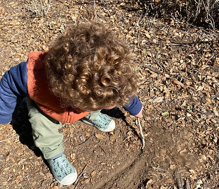 Preschooler drawing in the dirt with a stick during our Nature Preschool Class.