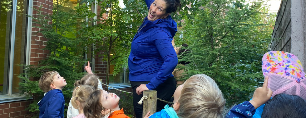 young children exploring nature in the JICS courtyard
