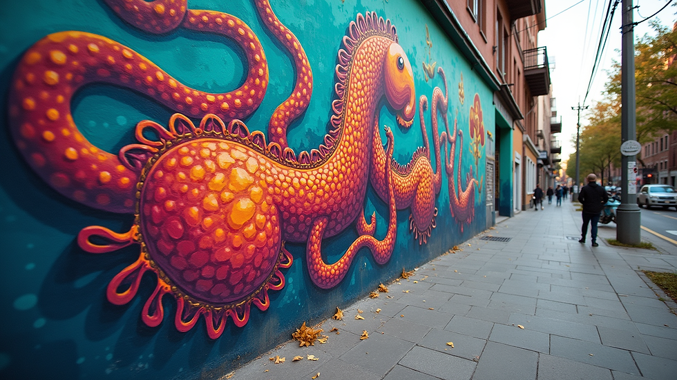 Eye-level view of a vibrant street mural showcasing a unique design