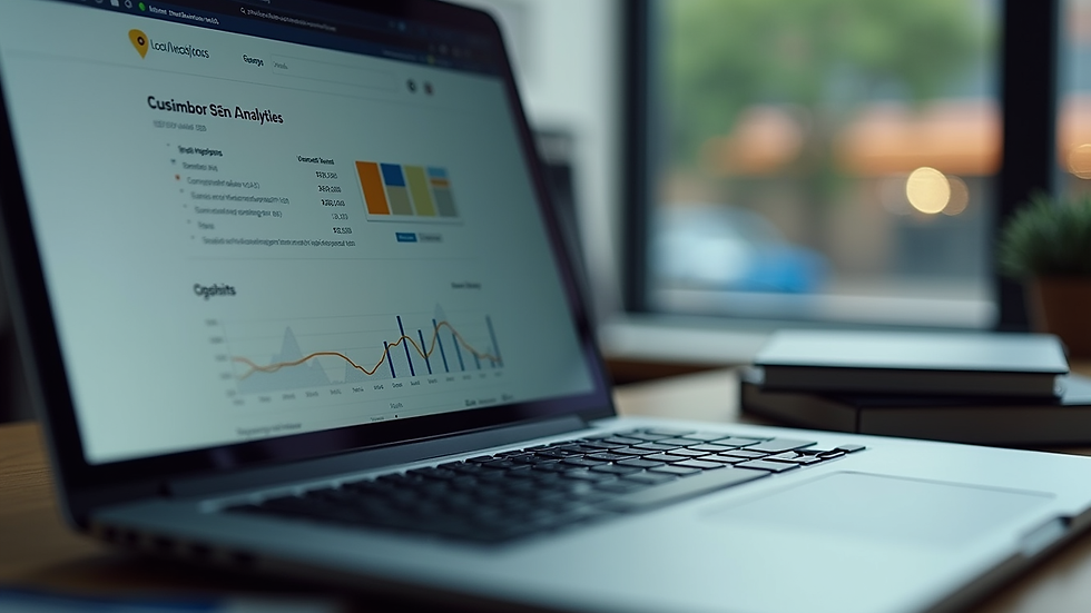 Close-up of a laptop screen showing a local business website with SEO analytics