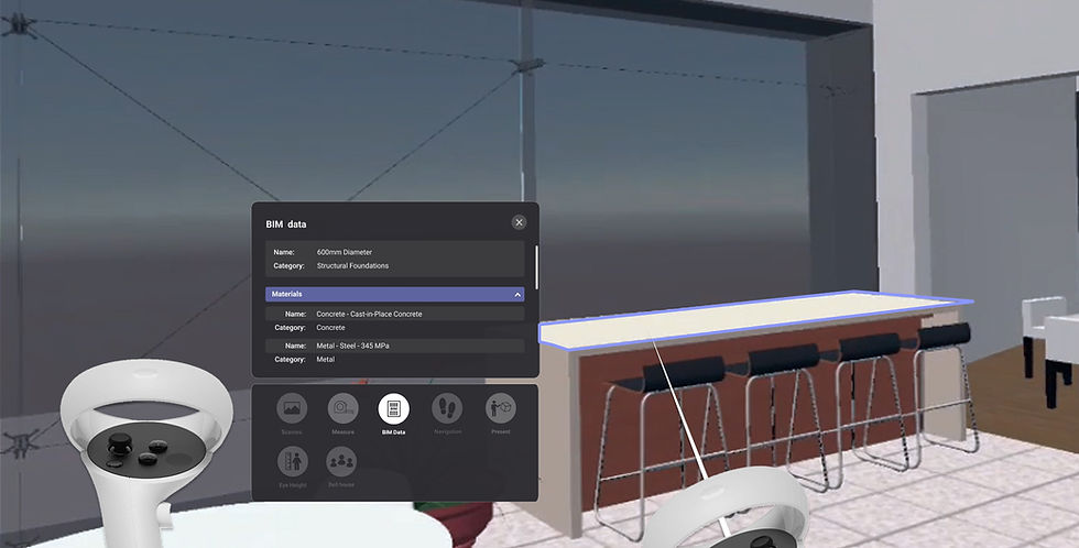 BIM coordination session in SentioVR showing federated model with element properties and layers panel visible