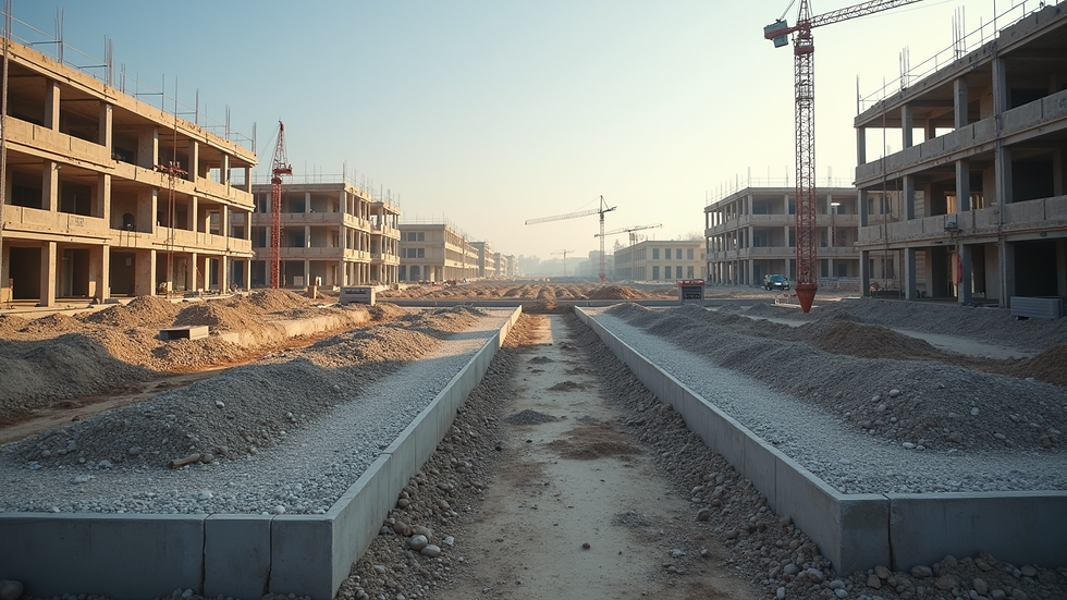 Wide angle view of a construction site with foundation work underway