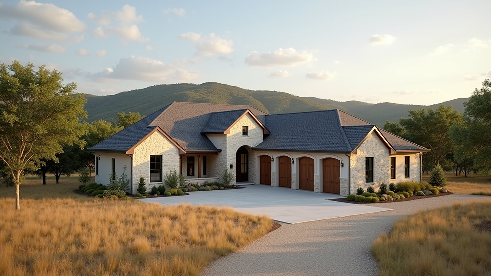 Eye-level view of a completed custom home with Texas Hill Country hills in the background
