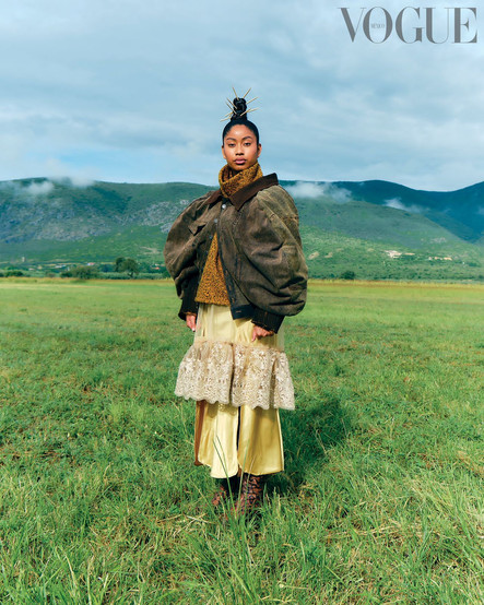 asian fashion model wearing yellow beme clothing dress for vogue mexico magazine