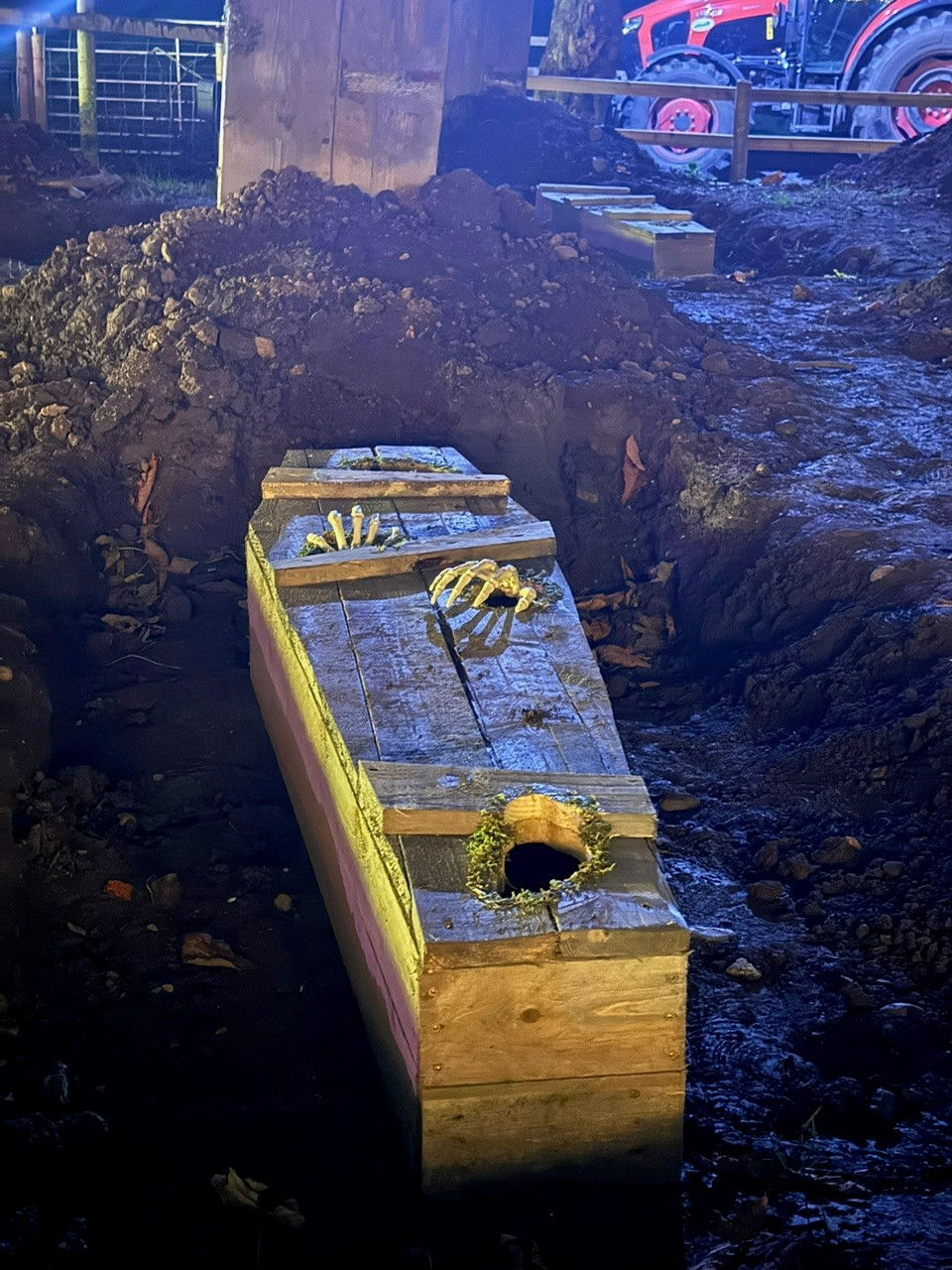 Skeletal hands resting on a wooden coffin in dirt.