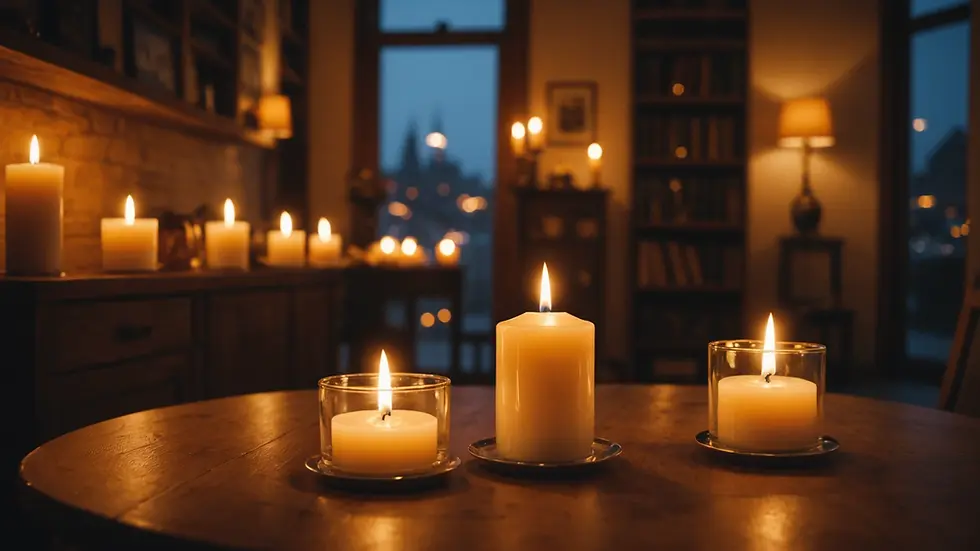 Wide angle view of a cozy candle-lit room