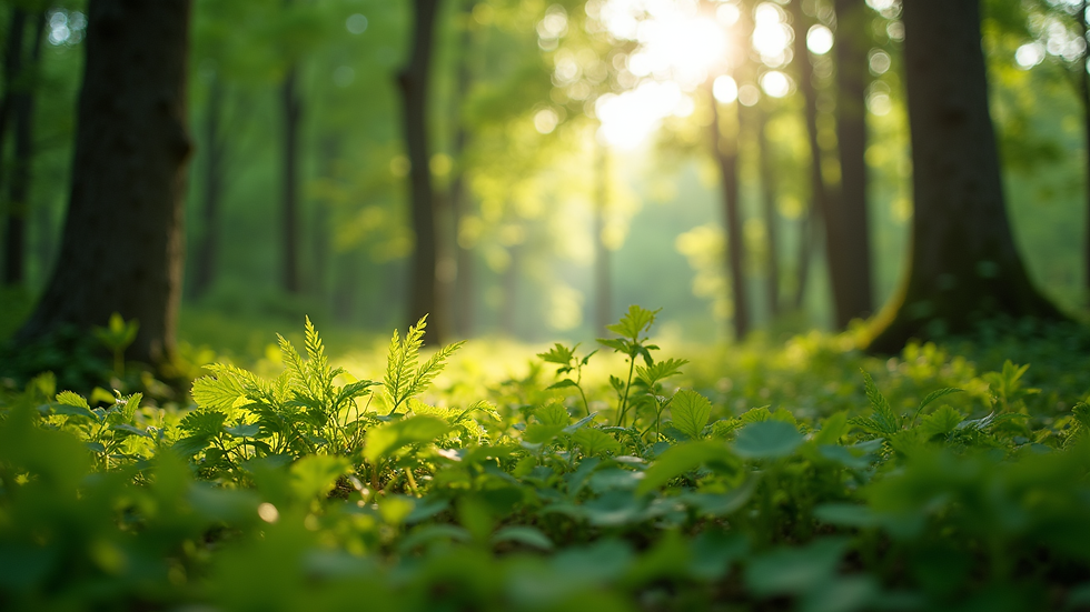 Eye-level view of a lush green forest with sunlight filtering through the leaves