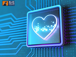 Neon heart icon on a glowing circuit board background, with a tech-themed design. "Blue Collar Consulting" logo at the top left.