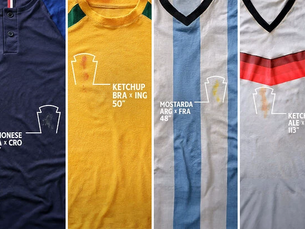 Quatro camisas de futebol com manchas de ketchup, maionese e mostarda, cada uma com rótulos brancos sobre o tecido.