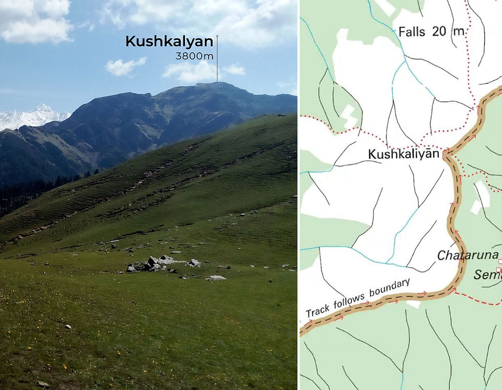View of Kushkalyan enroute to Kalaipir Pass and Survey Map on the right