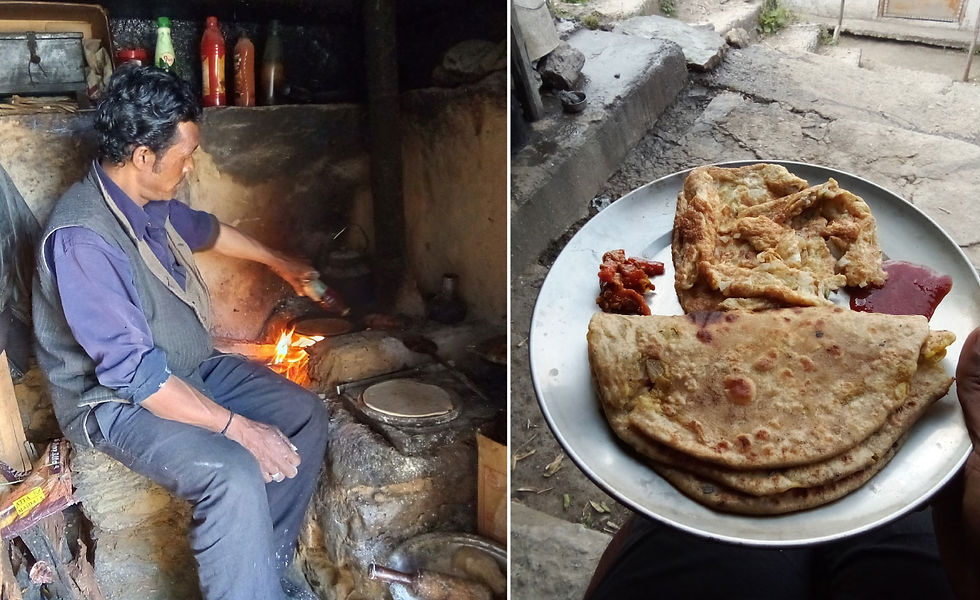 Delicious breakfast of Aloo paranthas and omelette at Pinswari