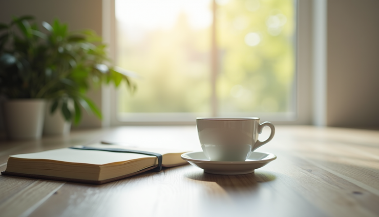 Eye-level view of a quiet workspace with a journal and a cup of tea
