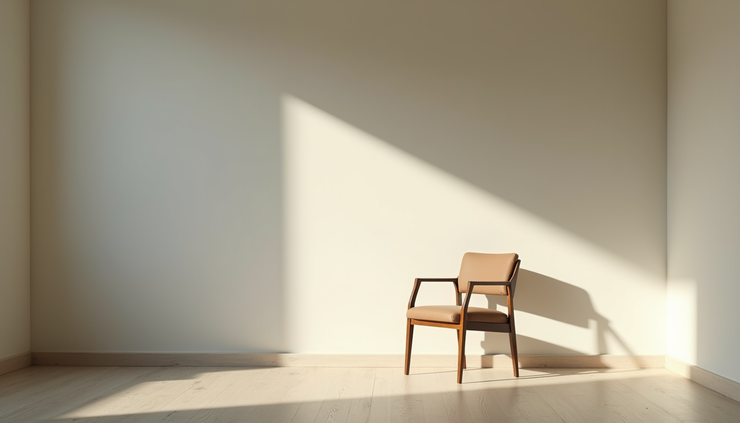 Eye-level view of a single empty chair in a quiet room with soft natural light
