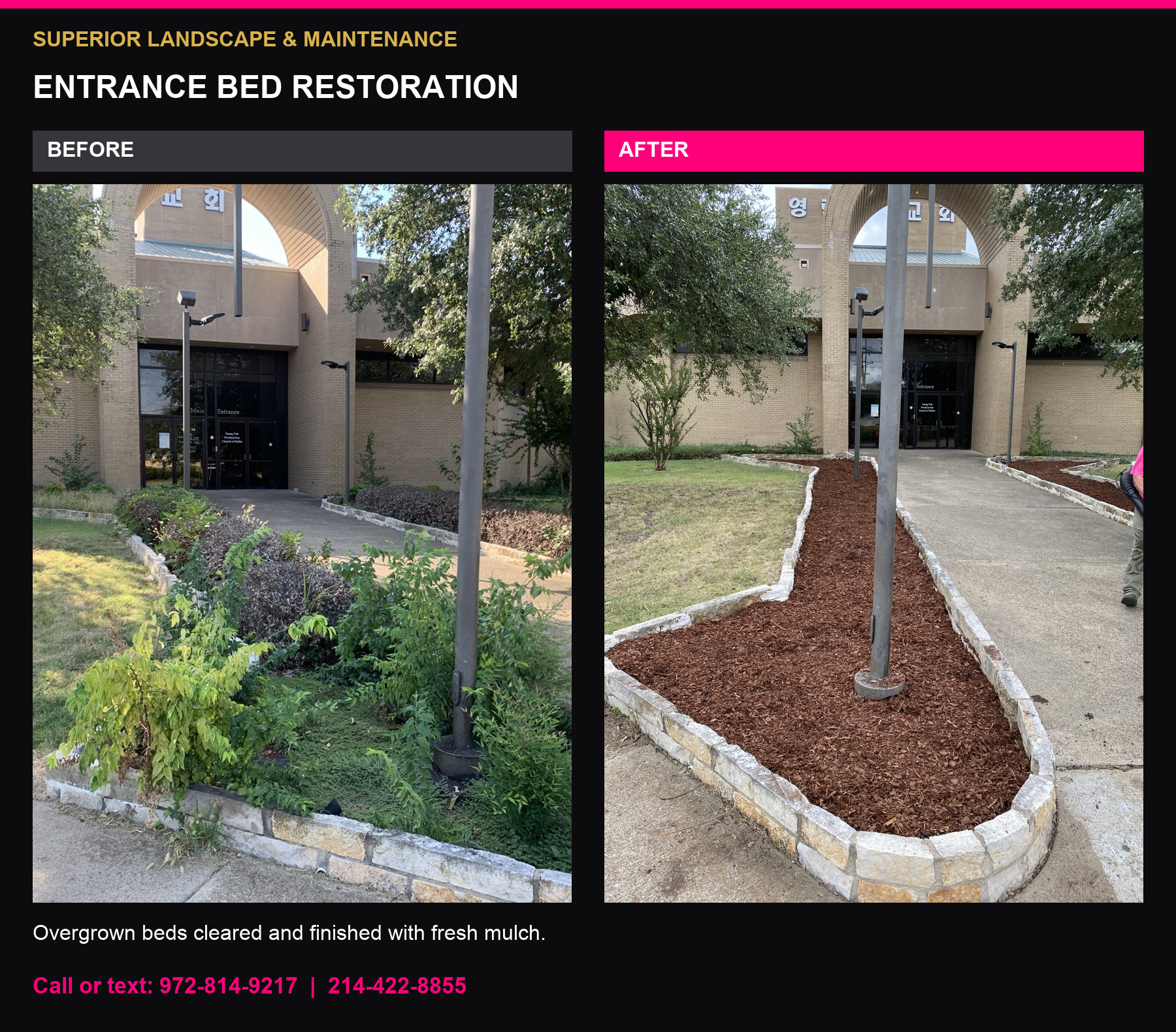 Church landscaping before and after cleanup and bed restoration