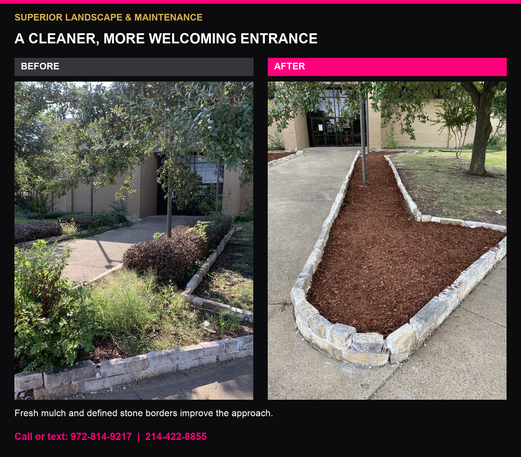Church walkway landscape bed before and after cleanup and fresh mulch