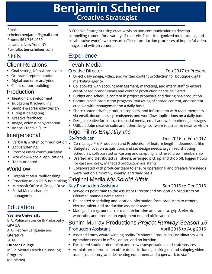 Benjamin Scheiner Resume Creative Strate