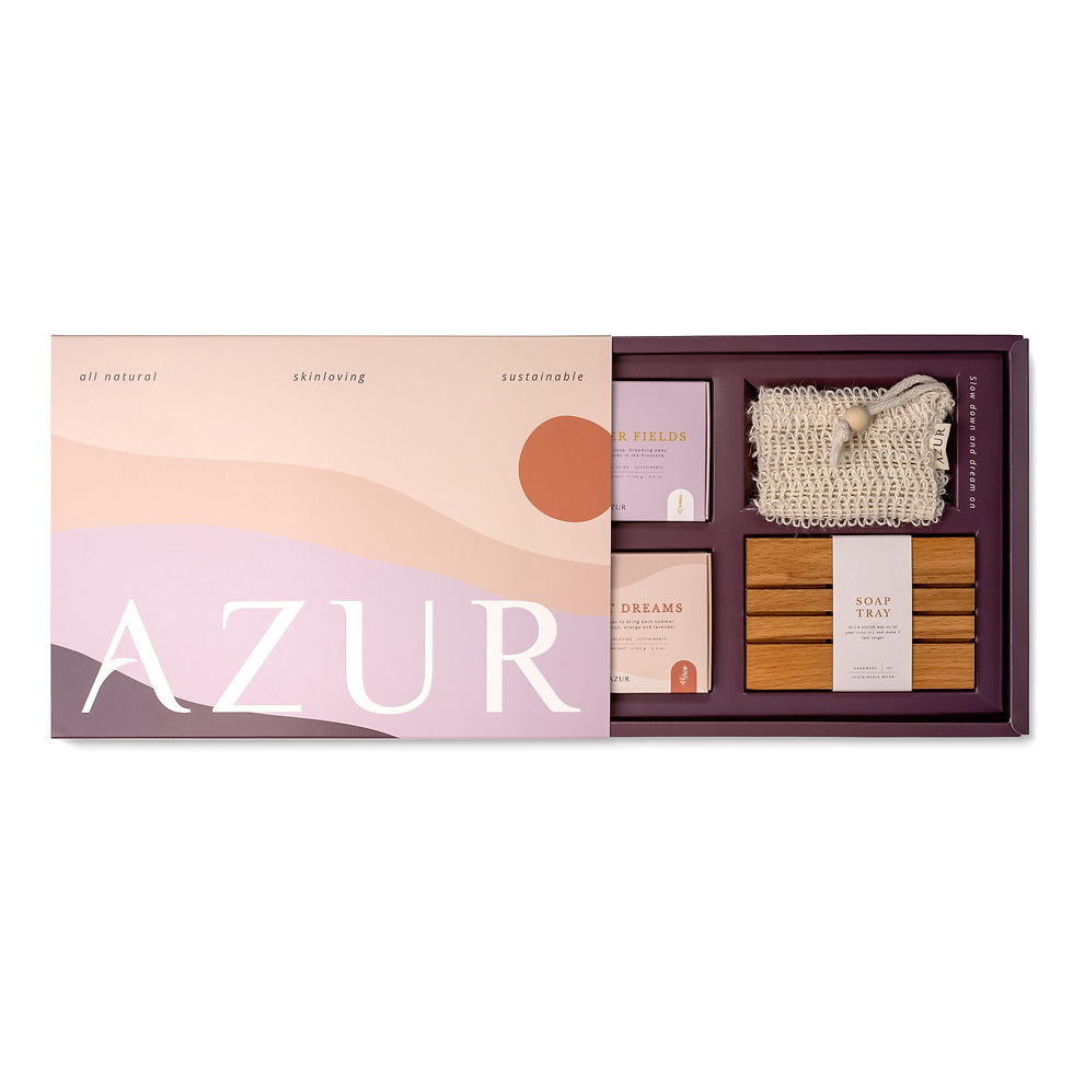 Azur The Dreamy Set cadeauset met twee natuurlijke zeepjes, zeepzakje en houten zeepbakje