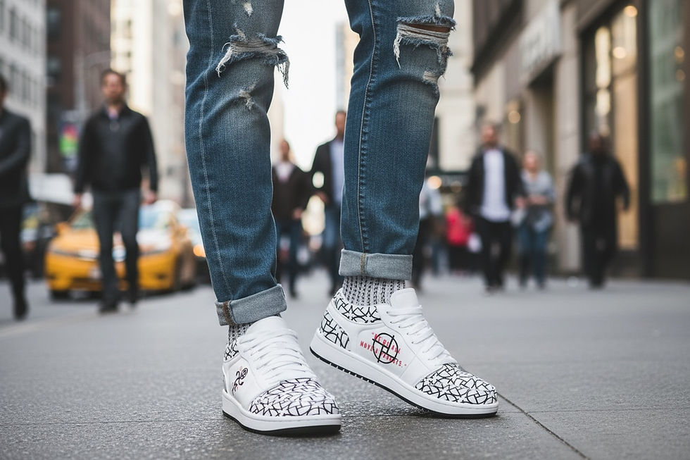 Close-up of graphic sneaker panels with bold artwork and textured materials