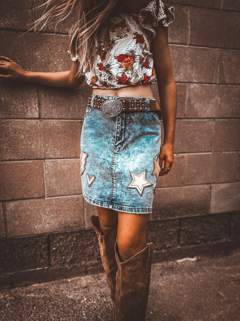 Thumbnail: Light Wash Reworked Denim Skirt - Wyld Star Edition