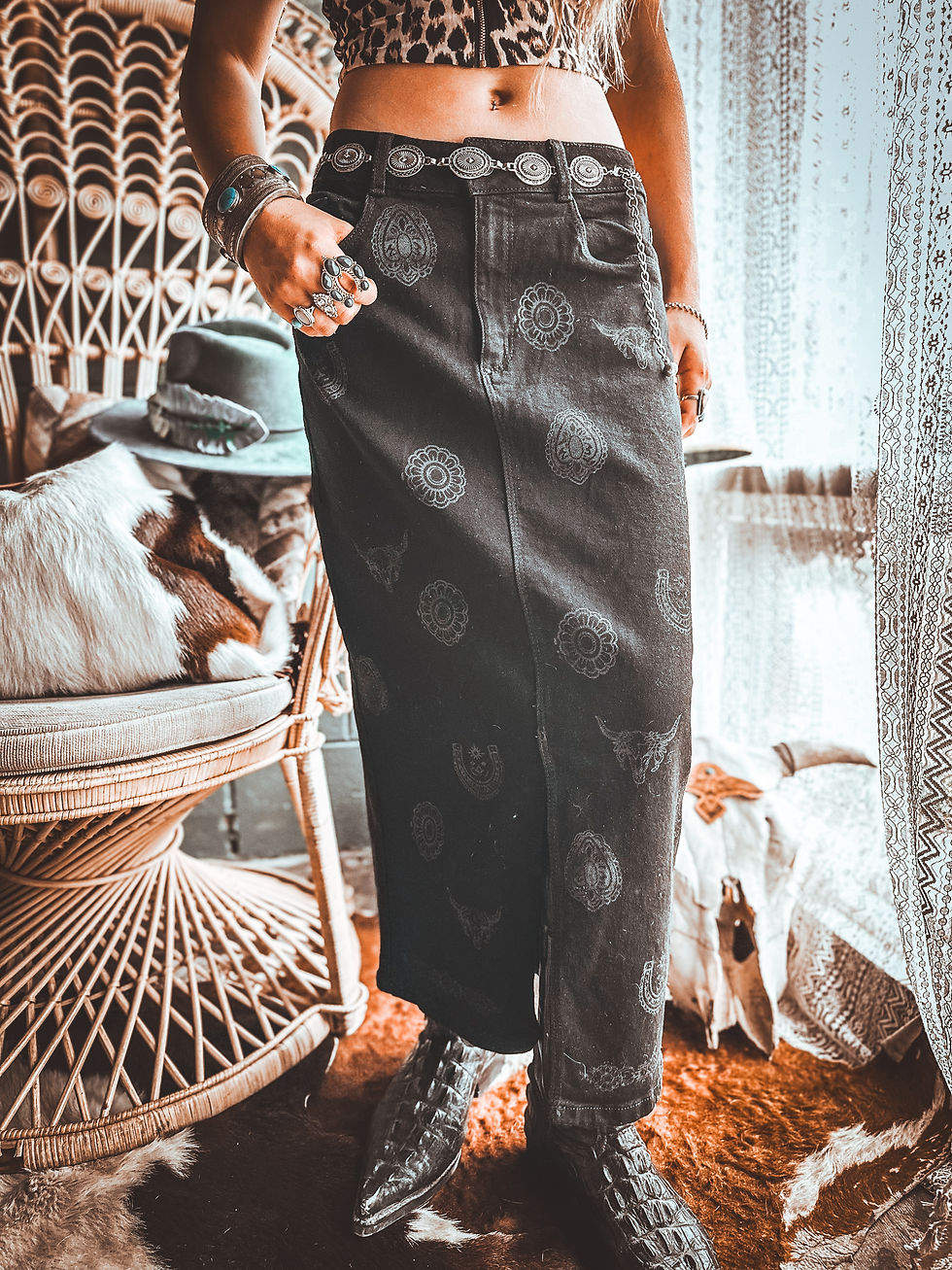 Thumbnail: The Outlaw Concho Skirt – Black Denim (Size 10)