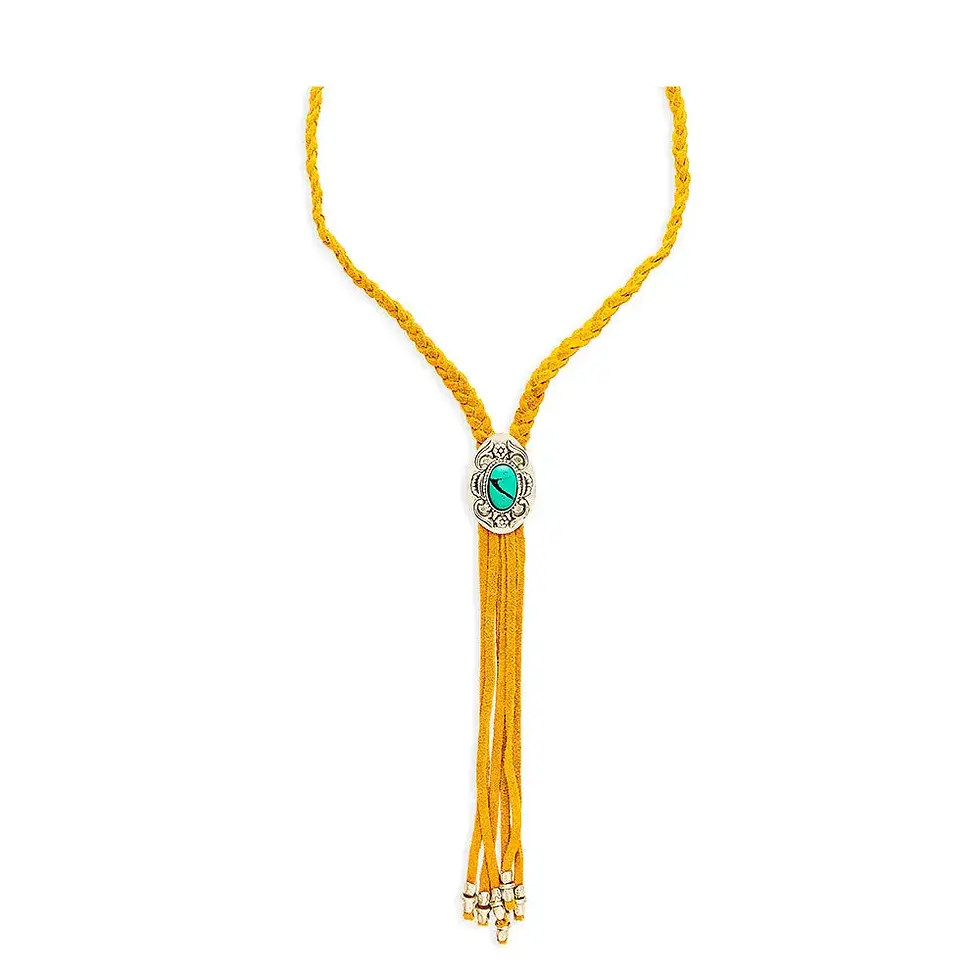 Turquoise Trail western fringe necklace with braided suede leather, vintage concho pendant and turquoise-look stone.