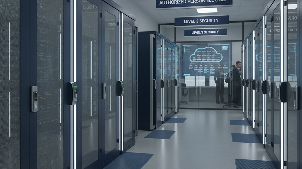 Eye-level view of a secure government data center with locked server racks