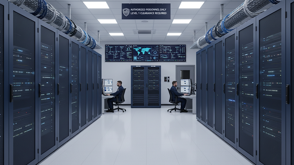Eye-level view of a secure server room with network equipment