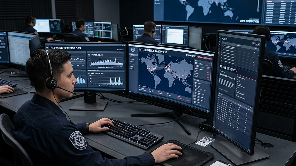 Close-up view of a cybersecurity operations center with multiple monitors
