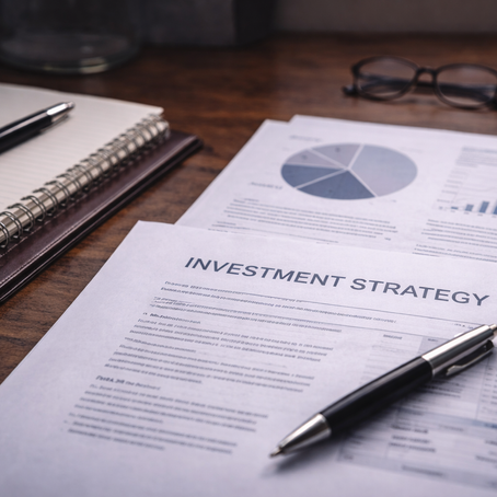 Investment strategy documents and notebook on a wooden desk, representing disciplined long-term portfolio management and restrained decision-making.