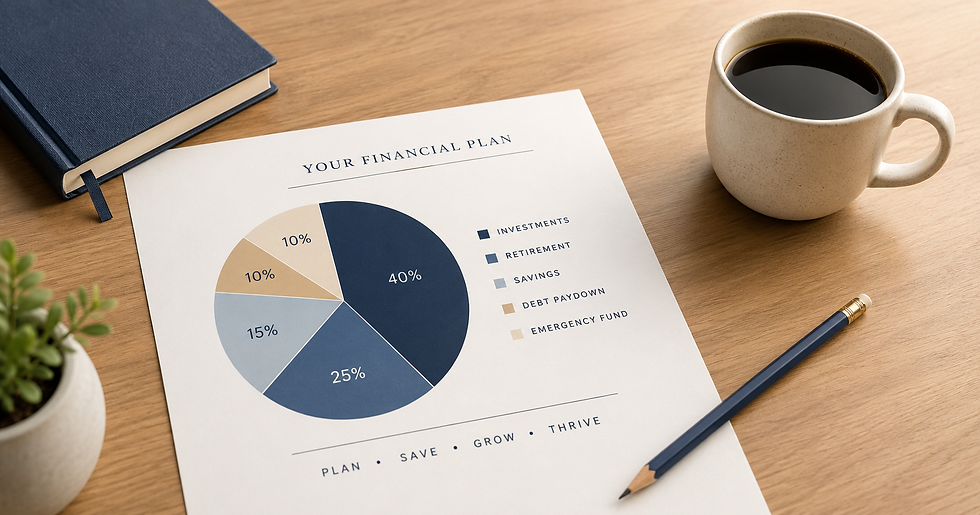Clean editorial desk scene with a pie chart financial plan document, navy pencil, coffee cup, notebook, and small plant on a warm wooden surface.