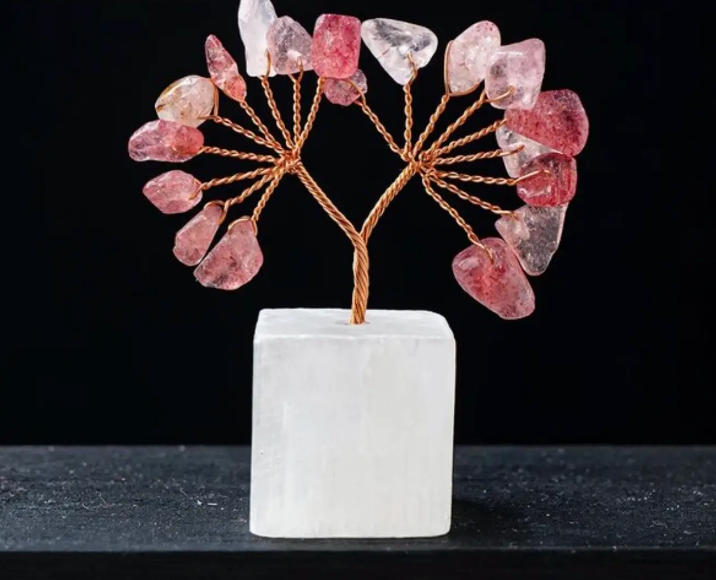 Crystal Lucky Tree with Selenite Square Base | Strawberry Quartz
