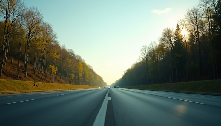Eye-level view of a clean stretch of Highway 9 South bordered by green trees and clear skies