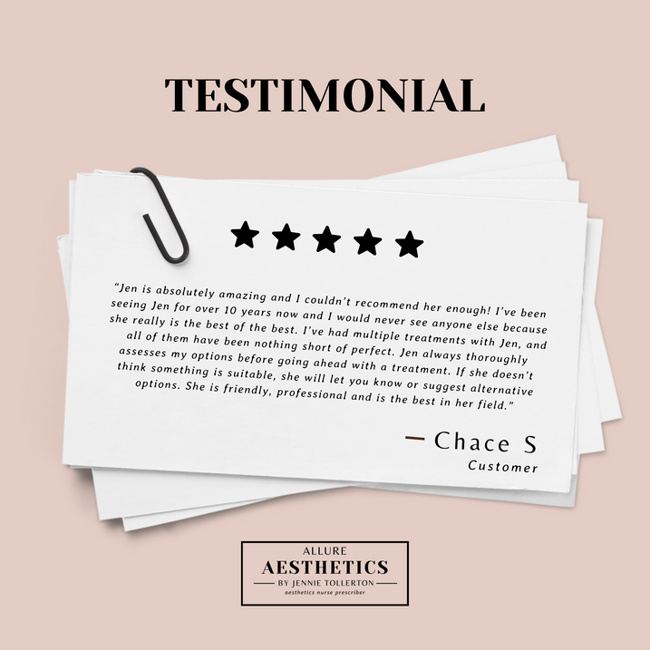 Five-star customer review for Jennie at Allure Aesthetics, presented on a minimalist branded testimonial card with a paperclip detail.