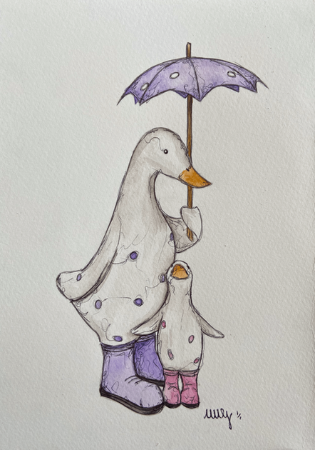 Duck and duckling under umbrella, wearing boots. Artwork by artist Meeshy.