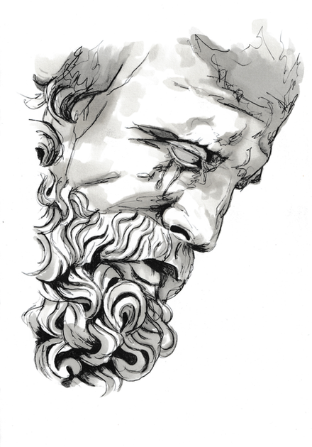Ink drawing of a man's bust, FINE ART, with long beard.