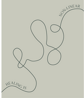 Minimalist line art graphic on an sage green background with the text 'Healing is Non-Linear,' highlighting the brand’s empathetic approach.