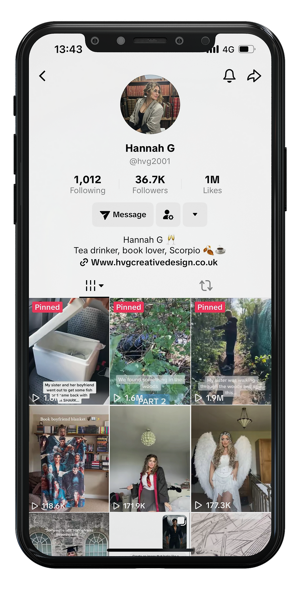TikTok profile of Hannah G, showing posts, followers and contact information.