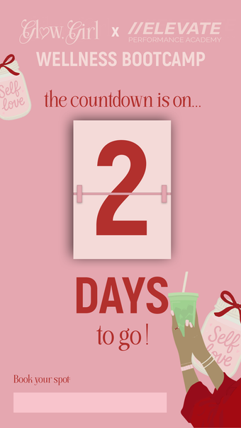 Countdown graphic showing “2 days to go” for wellness bootcamp launch, fitness social media content