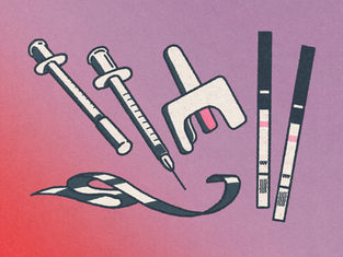 Illustrationf of items typically associated with harm reduction services, like needles, Narcan and fentanyl test strips.