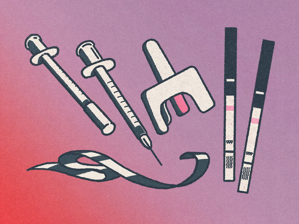 Illustrationf of items typically associated with harm reduction services, like needles, Narcan and fentanyl test strips.