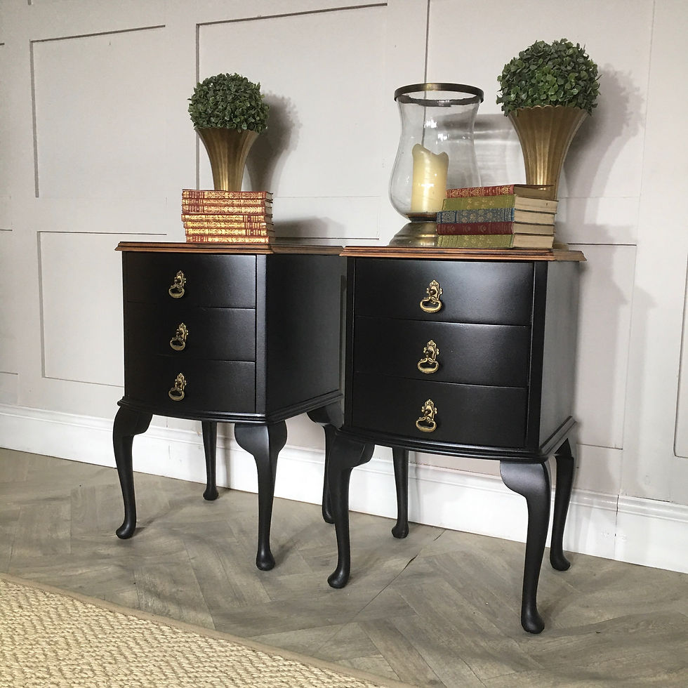 Thumbnail: Pair Of Black Three Drawer Bedsides On Queen Anne Leg