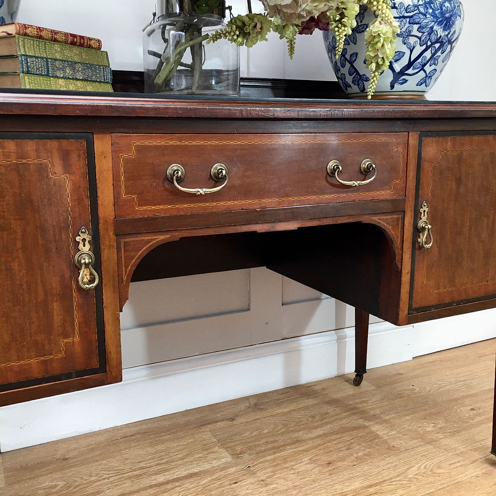 Thumbnail: Antique Solid Wood Inlaid Glass Topped Desk Original Brass Castors 